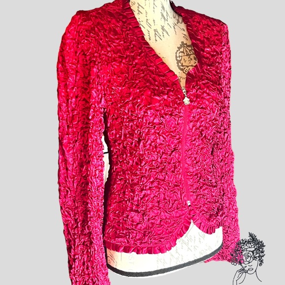 Vintage Joseph Ribkoff  Lipstick Red Crinkle Top/ Jacket  W Full Zip US 8 - Picture 2 of 7
